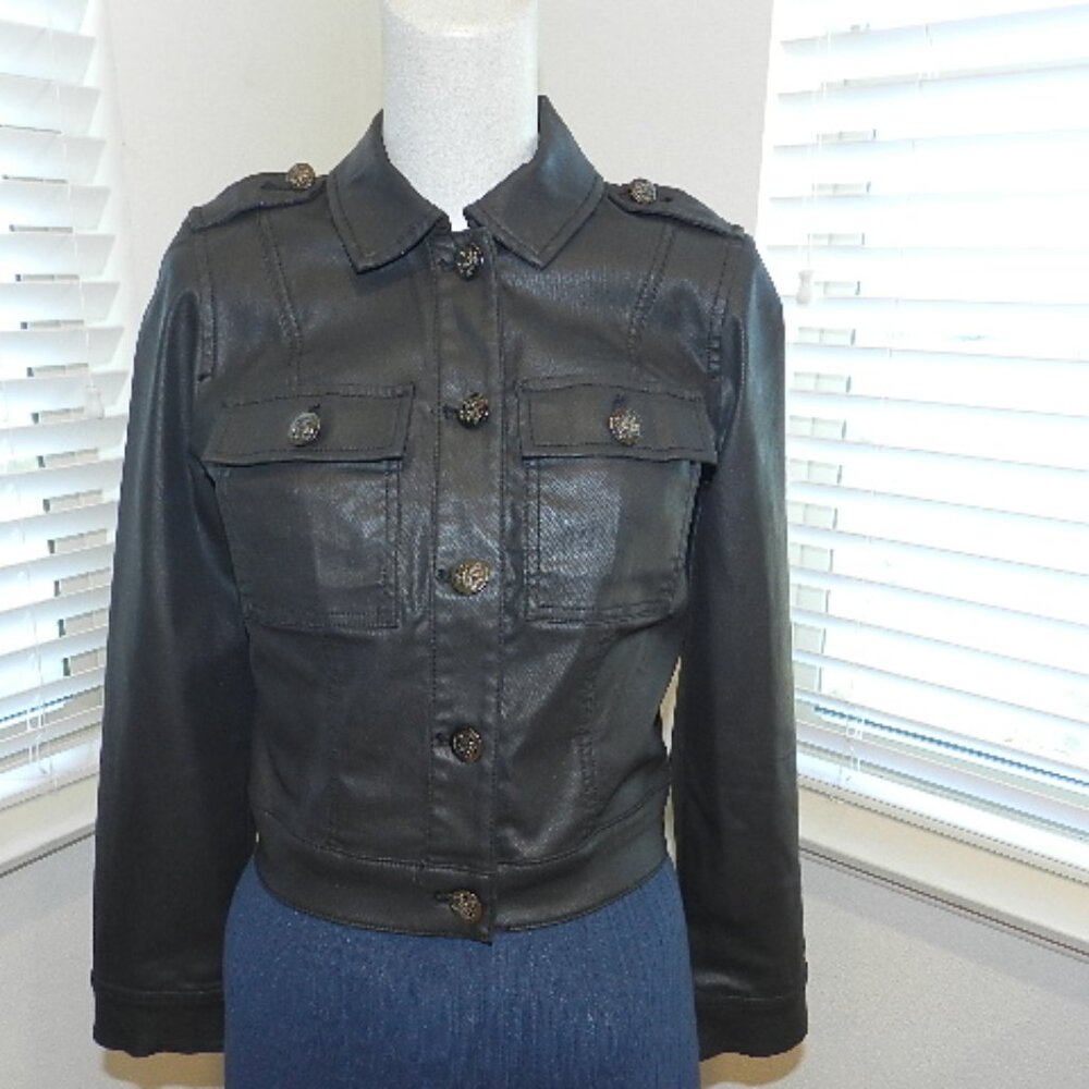 White House Black Market Black Coated Denim Cropped Pocket Jacket Size 4P - Picture 3 of 16